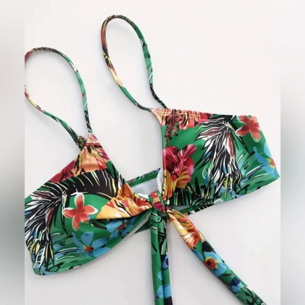Dark Green Tropical Bikini & Cover Up, Print High Stretch 3 Piece